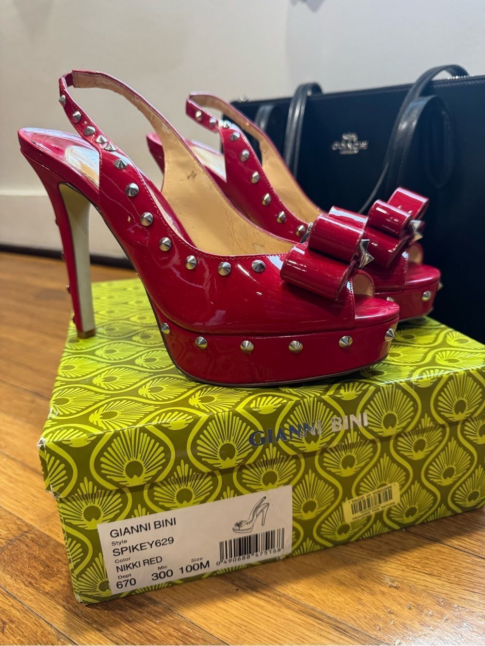 Gianni Bini Spikey629 Red Patent Studded Bow Slingback Platform Heels - Picture 2 of 9